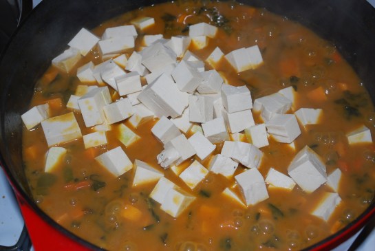 Add in the cubed tofu 10 minutes before it's done, stir well.