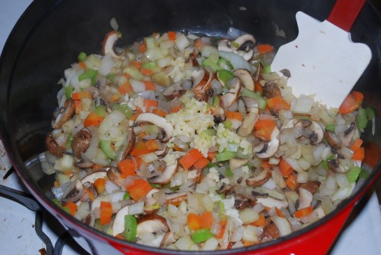 Saute onion, celery, carrot and fennel until soft, add garlic and mushrooms and cook until mushrooms are soft'ish
