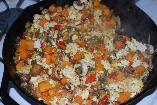 Saute veggies, add in crumbled tofu