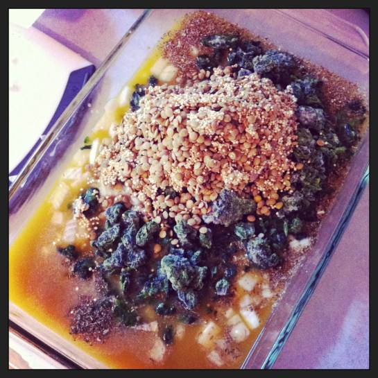 Cheezy Quinoa & Lentil Bake made with spinach and tomatoes - stir all ingredients in one pan before baking!